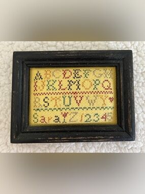 Cute small FRAMED CROSS STITCH ALPHABET SAMPLER Stars Numbers, “Sara”